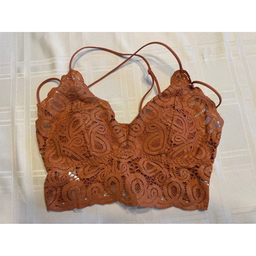 PINK Victoria's Secret Bralette Women Small Orange Lace Shimmer Eyelash Strappy